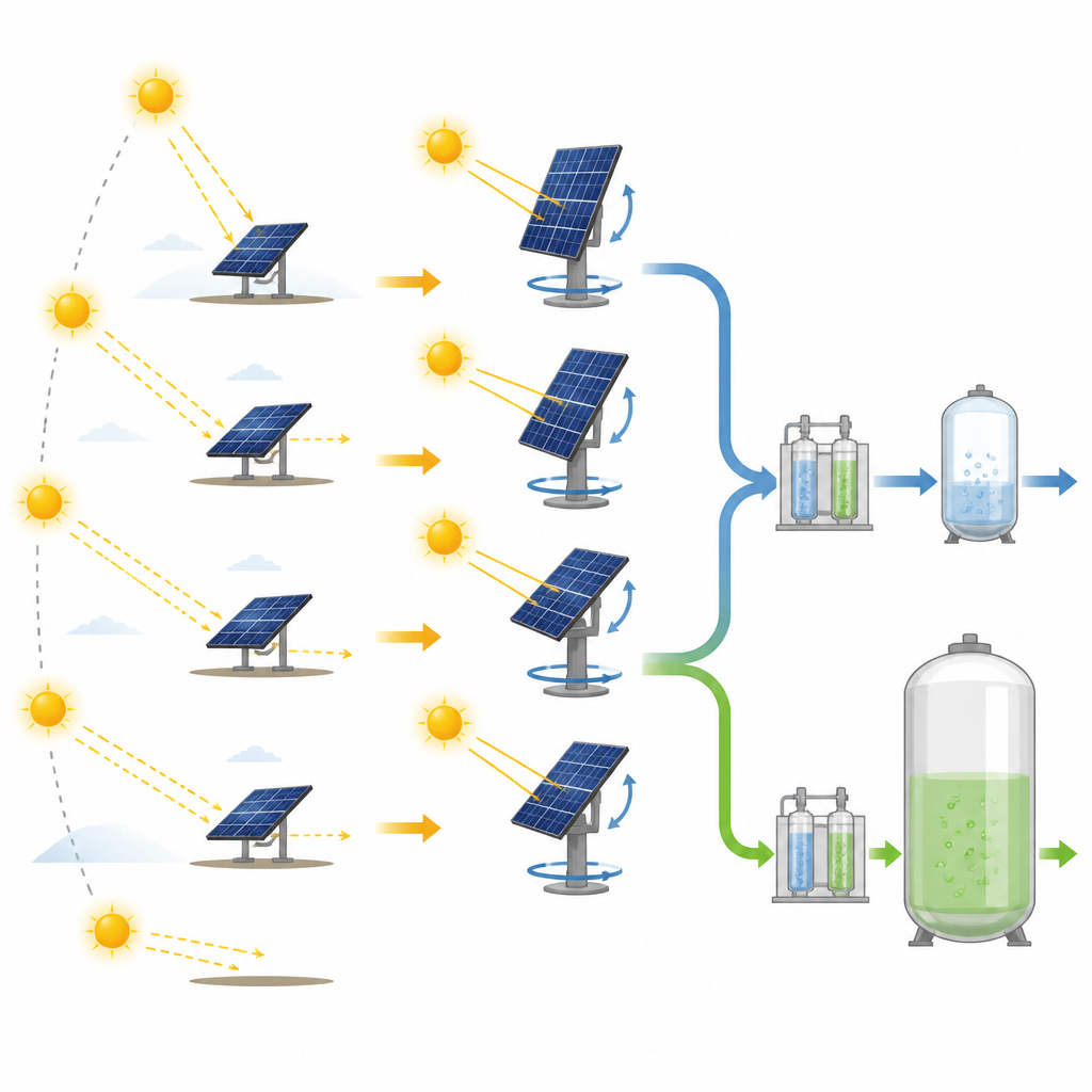 Figure 2. Hareketli güneş panellerinin sabit panellere göre bir elektrolizöre daha fazla enerji gönderip daha büyük hidrojen tanklarını nasıl doldurduğu.