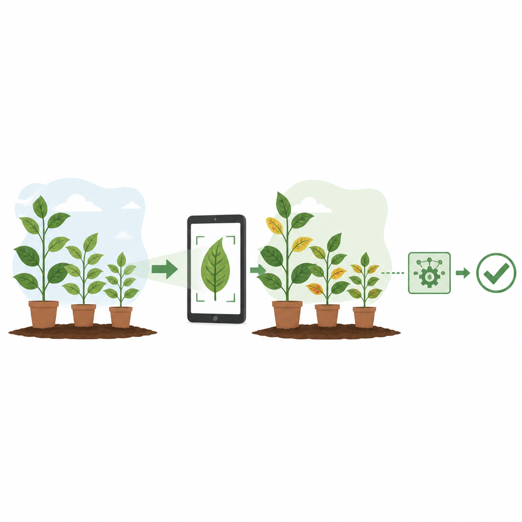 Figure 1. From leaf photos to quick healthy-or-sick decisions for many crops using a compact computer vision pipeline