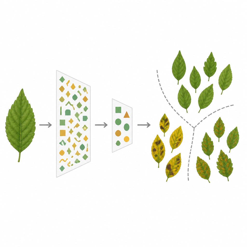 Figure 2. How leaf images are turned into compact patterns and then separated into healthy and diseased groups