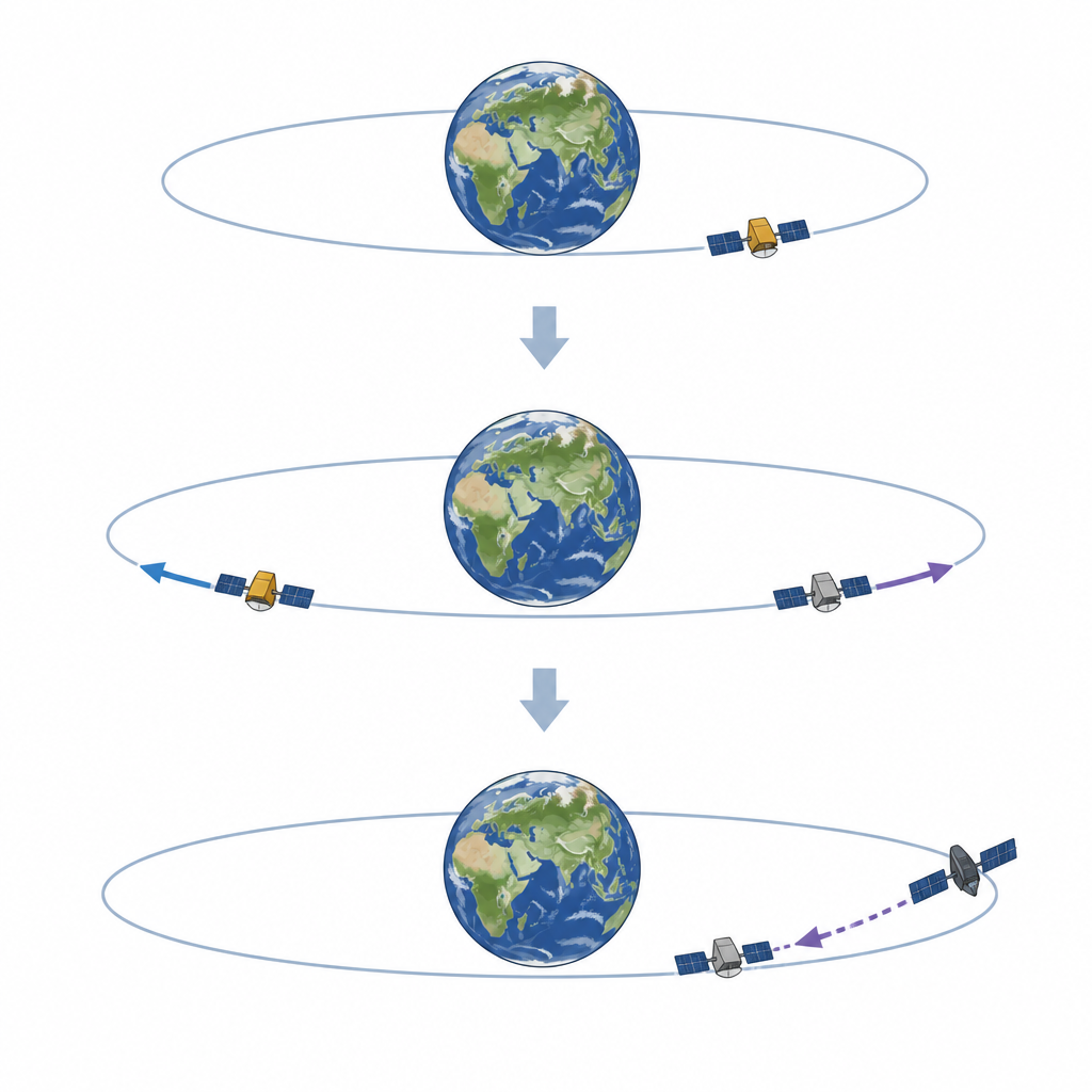 Figure 1. Come un satellite fittizio in orbita può confondere un aggressore e aiutare il vero veicolo spaziale a sfuggire.
