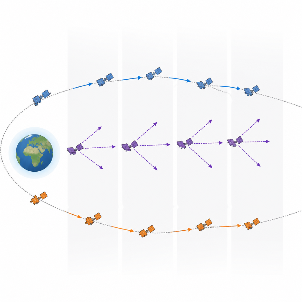 Figure 2. Come un inseguitore e due satelliti simili si muovono e reagiscono nel tempo mentre l’inseguitore continua a indovinare quale sia quello reale.