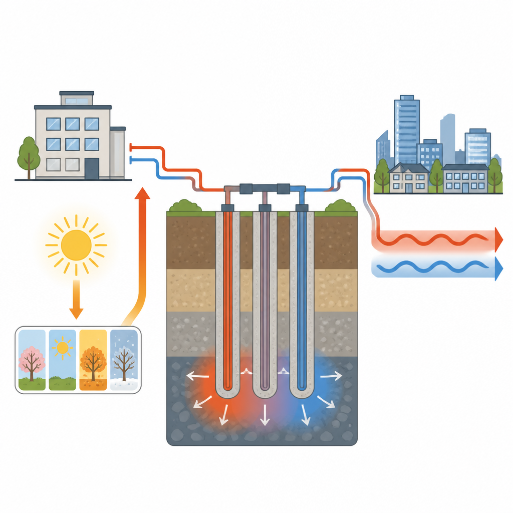 Figure 1. Come gli edifici usano il sottosuolo come batteria termica stagionale per rendere più regolari riscaldamento e raffreddamento.