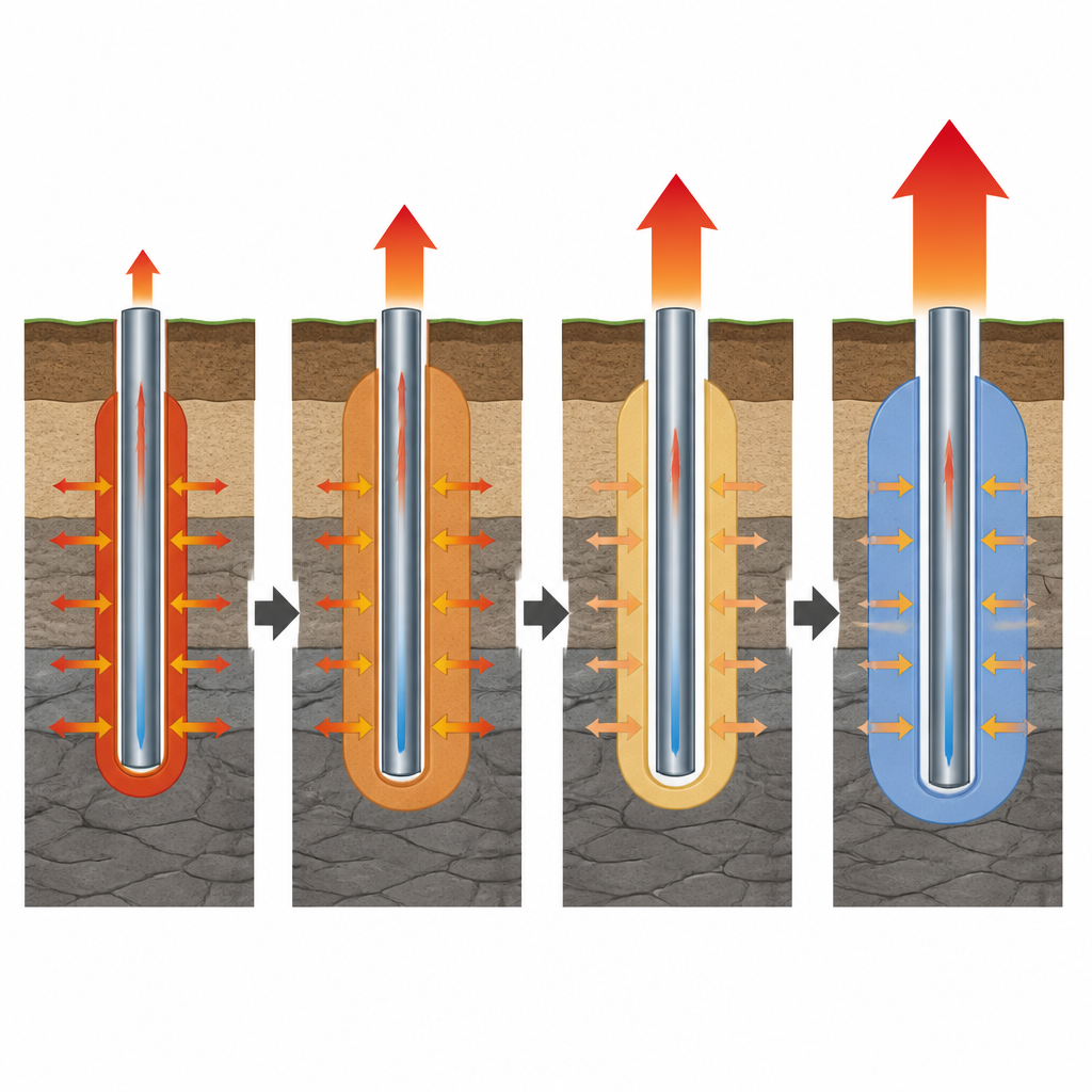 Figure 2. Come la variazione delle proprietà della roccia e della malta attorno a un foro di sondaggio aumenta la quantità di calore che possiamo recuperare.