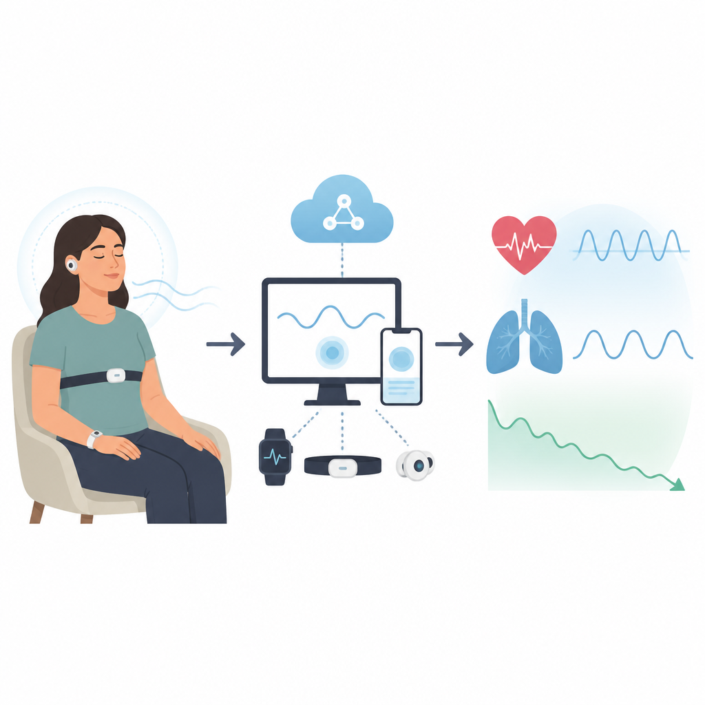 Figure 1. Come un sistema indossabile combina respiro e segnali corporei per guidare delicatamente il corpo verso uno stato più calmo.