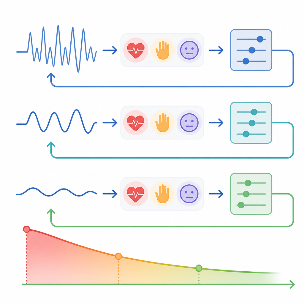 Figure 2. Visione passo dopo passo di come sensori e indizi emotivi regolano la respirazione guidata per spostare il corpo dalla tensione alla calma.
