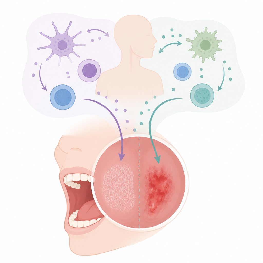 Figure 1. Come i cambiamenti immunitari a livello dell'intero organismo modellano due diversi tipi di lesioni orali nel lichene planare.