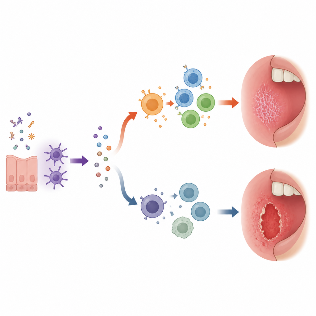 Figure 2. Due percorsi immunitari nel lichene planare orale: uno altamente attivo e uno più contenuto, che portano a lesioni orali distinte.