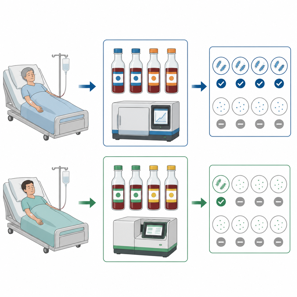 Figure 1. Direkter Vergleich zweier Krankenhaus-Bluttestsysteme und wie häufig sie Blutbahninfektionen erkennen.