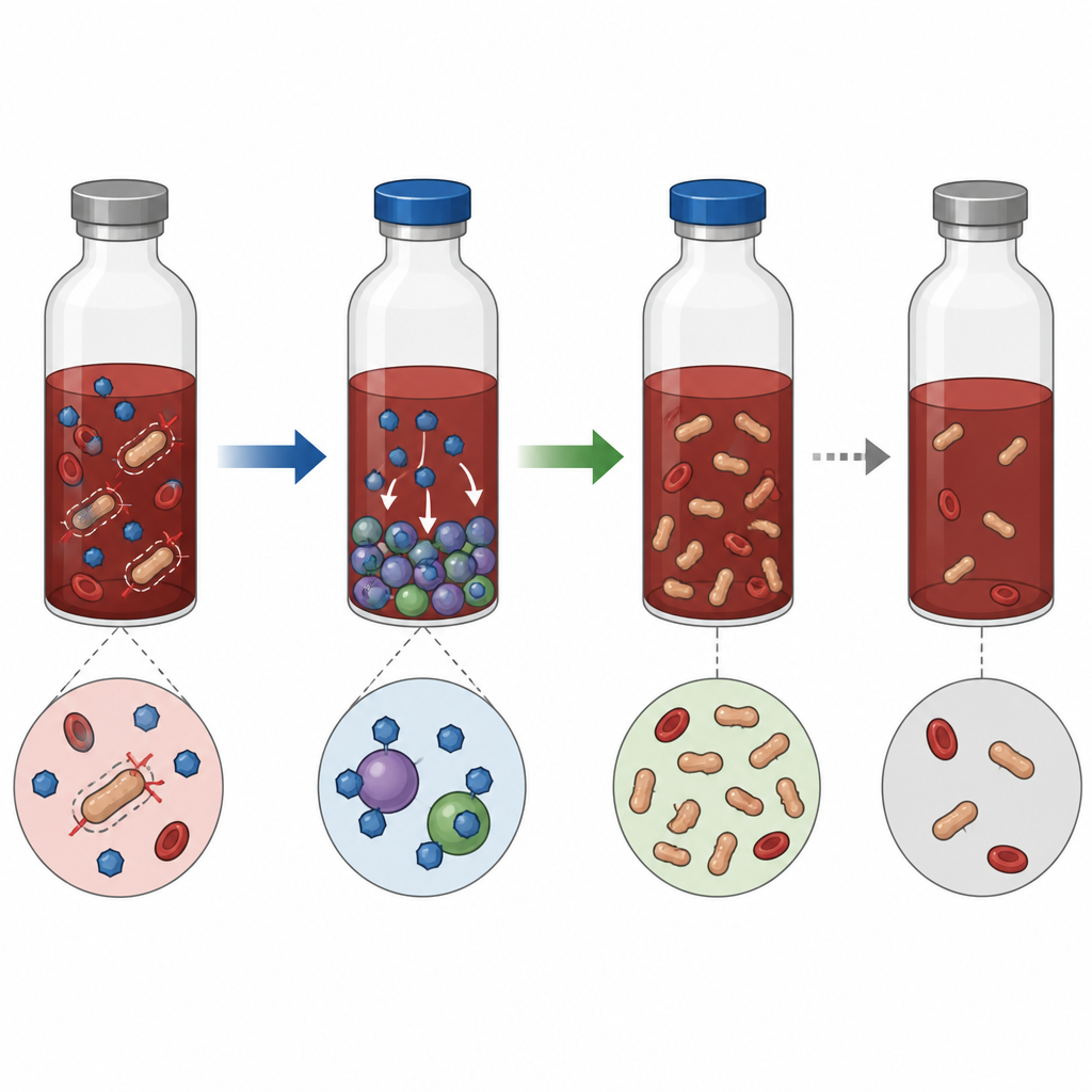 Figure 2. Wie spezielle Kügelchen in einer Blutkulturflasche Antibiotika binden, sodass zuvor verdeckte Bakterien wachsen und nachgewiesen werden können.