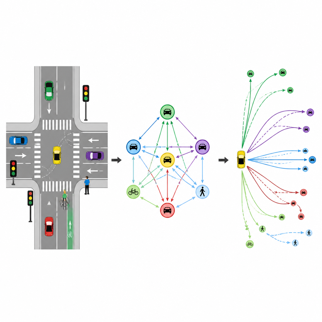 Figure 2. Bir modelin trafik ışıklarını ve etkileşimleri nasıl her yol kullanıcısı için kavşakta birden çok olası geleceğe dönüştürdüğü.