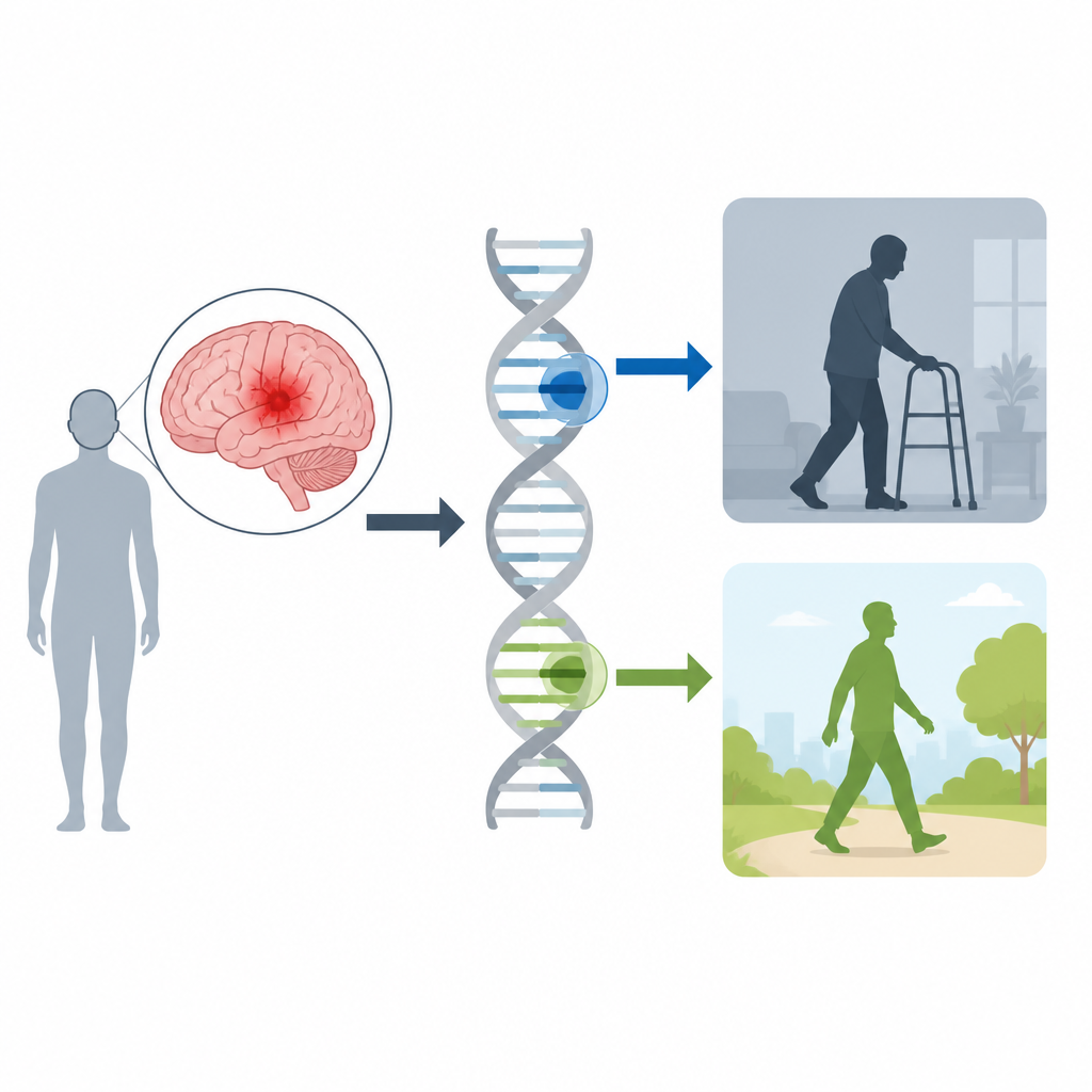 Figure 1. Eine häufige Genvariante könnte die Behinderung nach einer Hirnblutung abschwächen, indem sie die Schlaganfall-Rehabilitation in Richtung größerer Unabhängigkeit verschiebt.