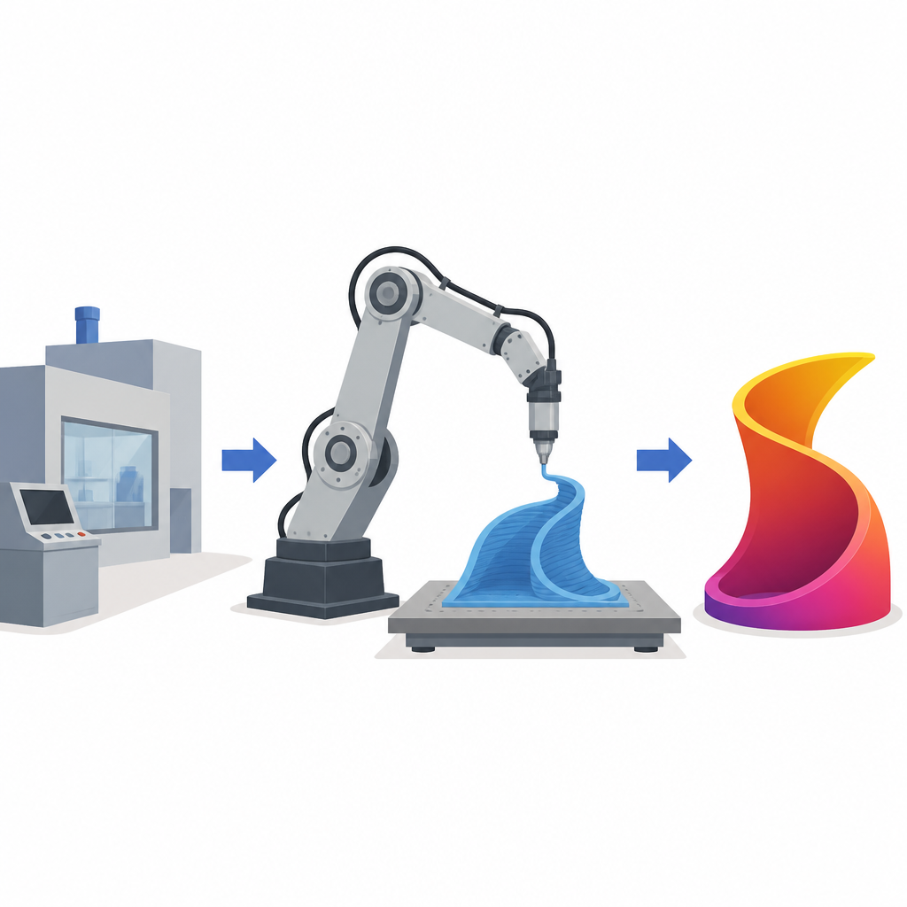 Figure 1. Düşük maliyetli bir robot kolun 3B baskıyı yalnızca düz katmanlar yerine pürüzsüz kavisli nesneler üretmeye nasıl dönüştürdüğü.