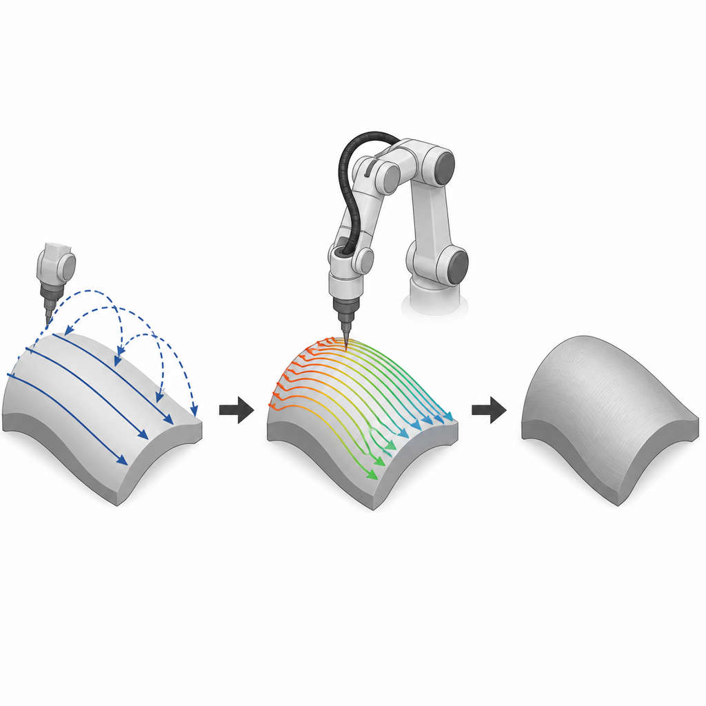 Figure 2. Daha akıllı hareket yollarının, çok eksenli bir robotun kavisli yüzeyleri daha hızlı, daha az boş hareketle ve daha düzgün yüzeyle nasıl yazdırmasını sağladığı.