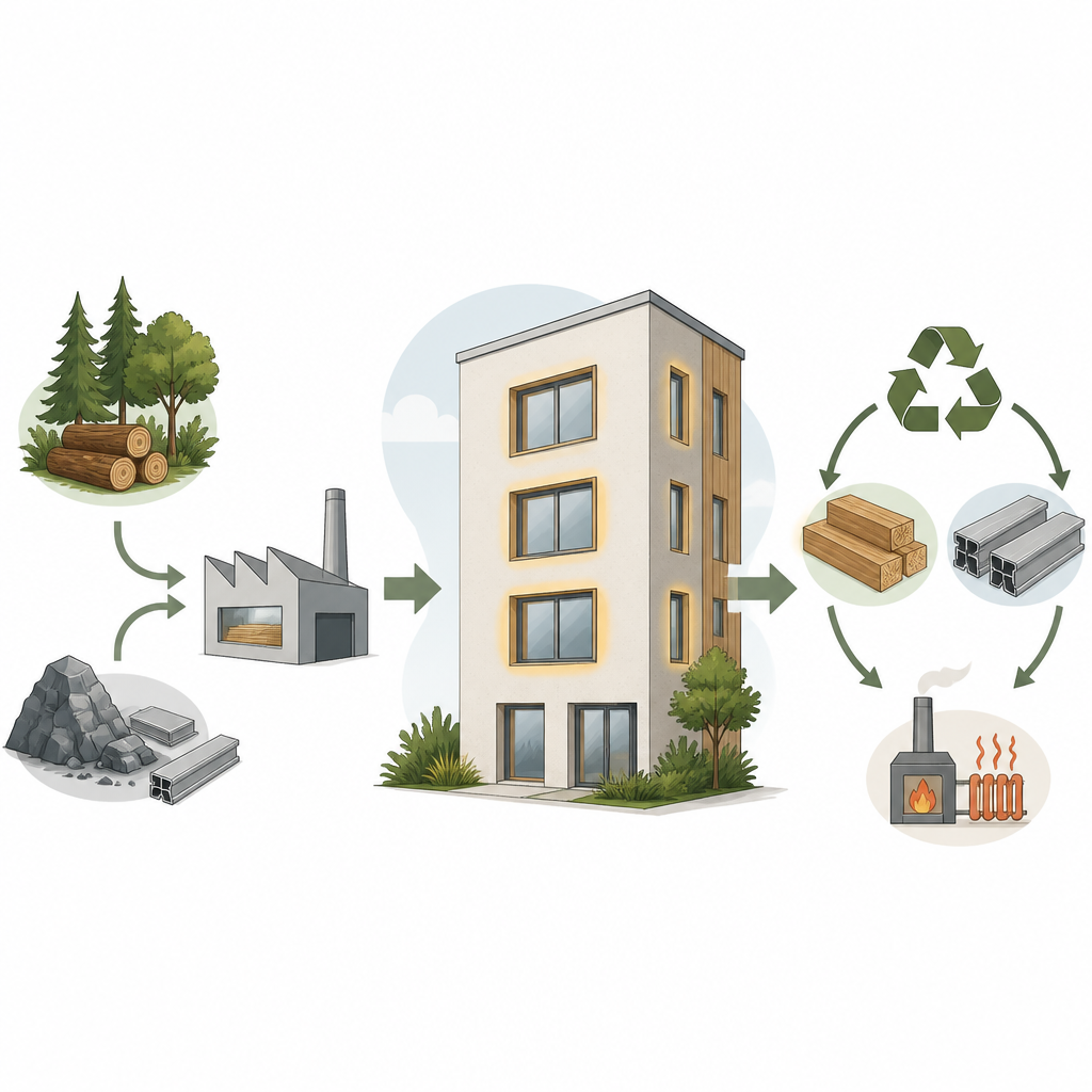 Figure 1. How a wood and metal window affects the environment from raw materials through use to recycling.