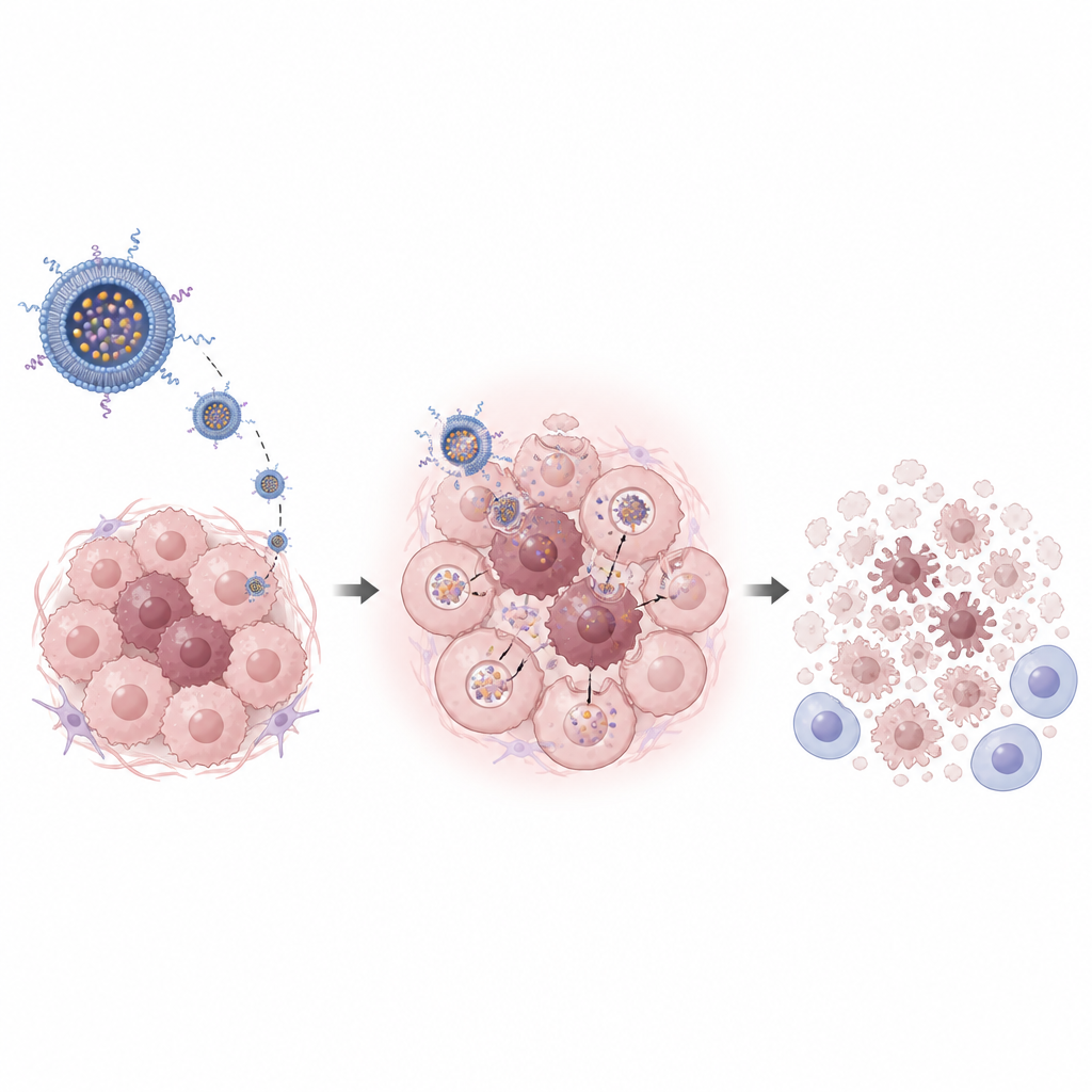 Figure 2. Nanocapsules enter ovarian cancer cells, release drug and gene silencer, and shrink resistant tumors.