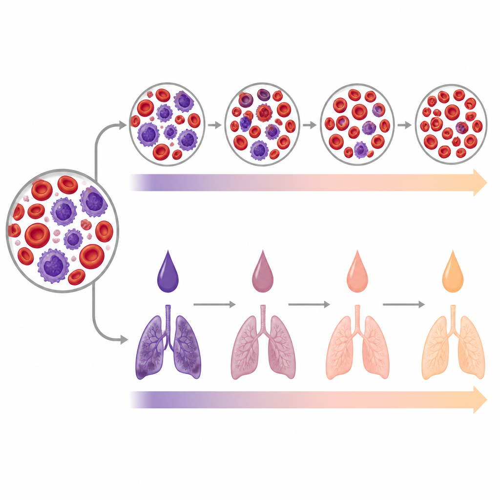 Figure 2. I cambiamenti nell’equilibrio delle cellule del sangue e un segnale proteico rivelano come il corpo risponde durante la terapia anti-TB.