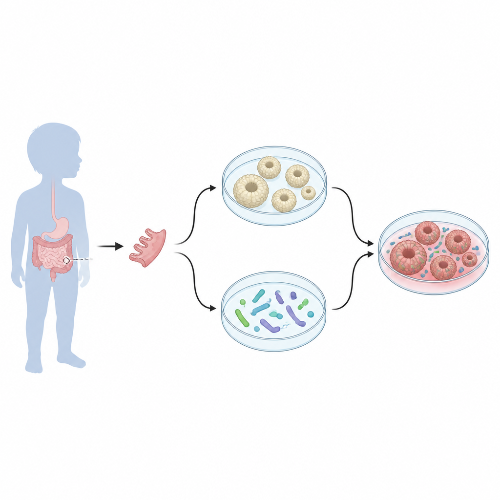 Figure 1. Mini guts grown from child biopsies are paired with local gut bacteria to study how they shape intestinal inflammation.
