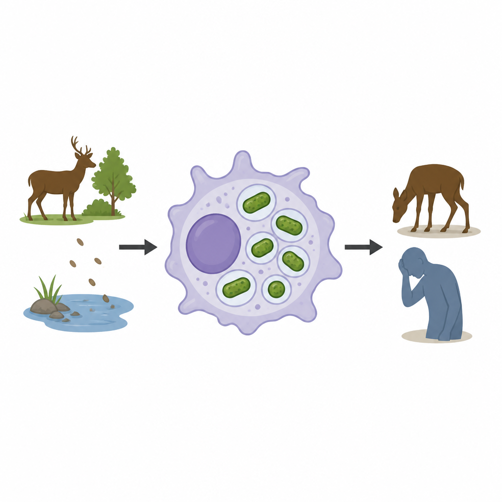 Figure 1. Come un germe del bestiame sopravvive all’interno delle cellule immunitarie e danneggia sia gli animali sia le persone.