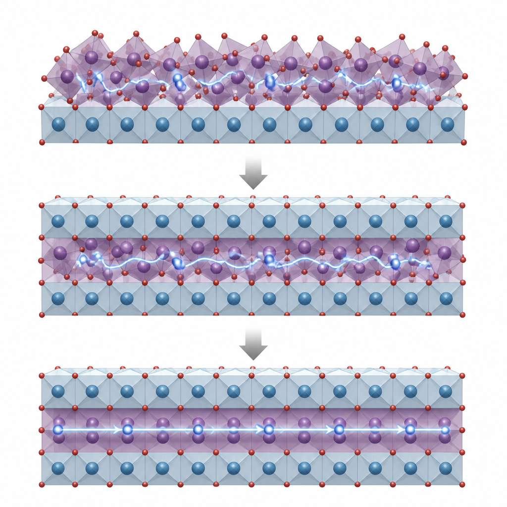 Figure 2. Come uno strato di copertura raddrizza una rete atomica distorta così che gli elettroni possano muoversi più liberamente attraverso un film ultrassottile.