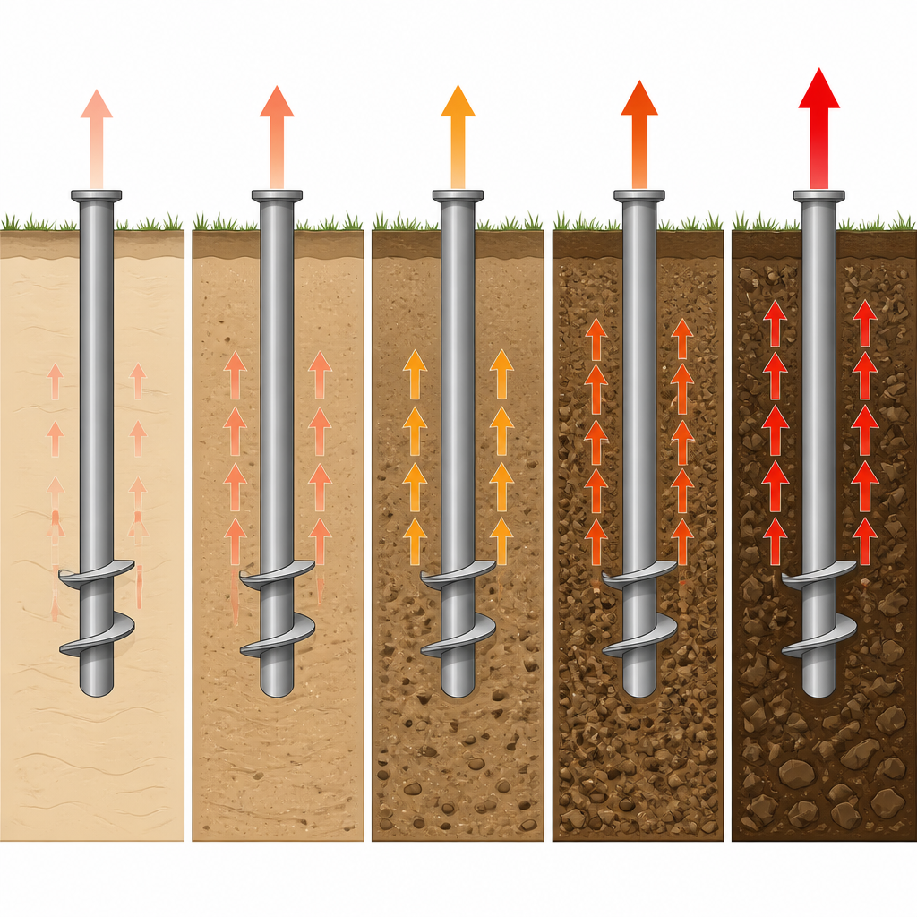 Figure 2. Spiral bir kazık çevresindeki toprak sertliği ve dayanımındaki değişikliklerin kazık çekildiğinde yukarı doğru direnci nasıl değiştirdiği.