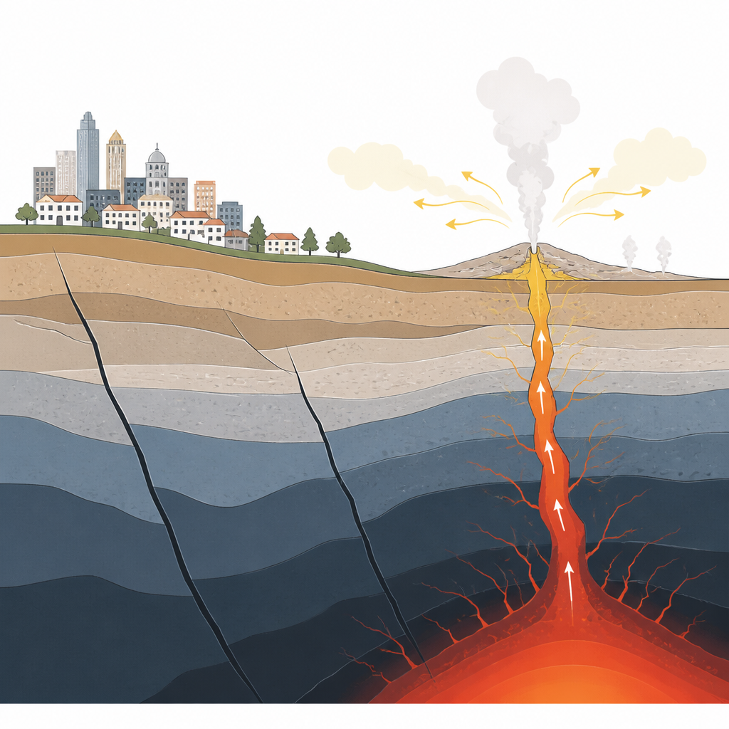 Figure 1. Wie tiefreichende heiße Fluide die oberflächennahen Gasquellen unter einer Stadt bei den Campi Flegrei speisen.