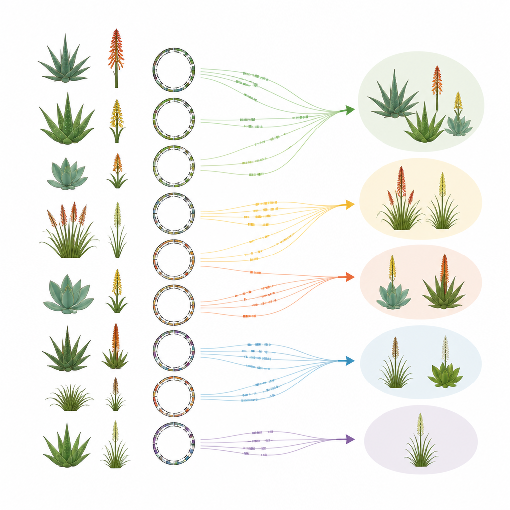 Figure 1. Diverse piante delle Asphodelaceae condividono uno stile comune di «ortografia» del DNA del cloroplasto che riflette i loro legami di famiglia.