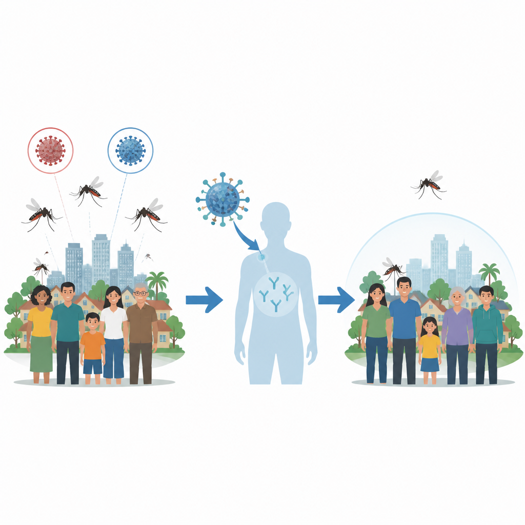 Figure 1. Concetto di un unico vaccino per proteggere le persone sia dalla dengue sia dallo Zika trasmessi dalle stesse zanzare.