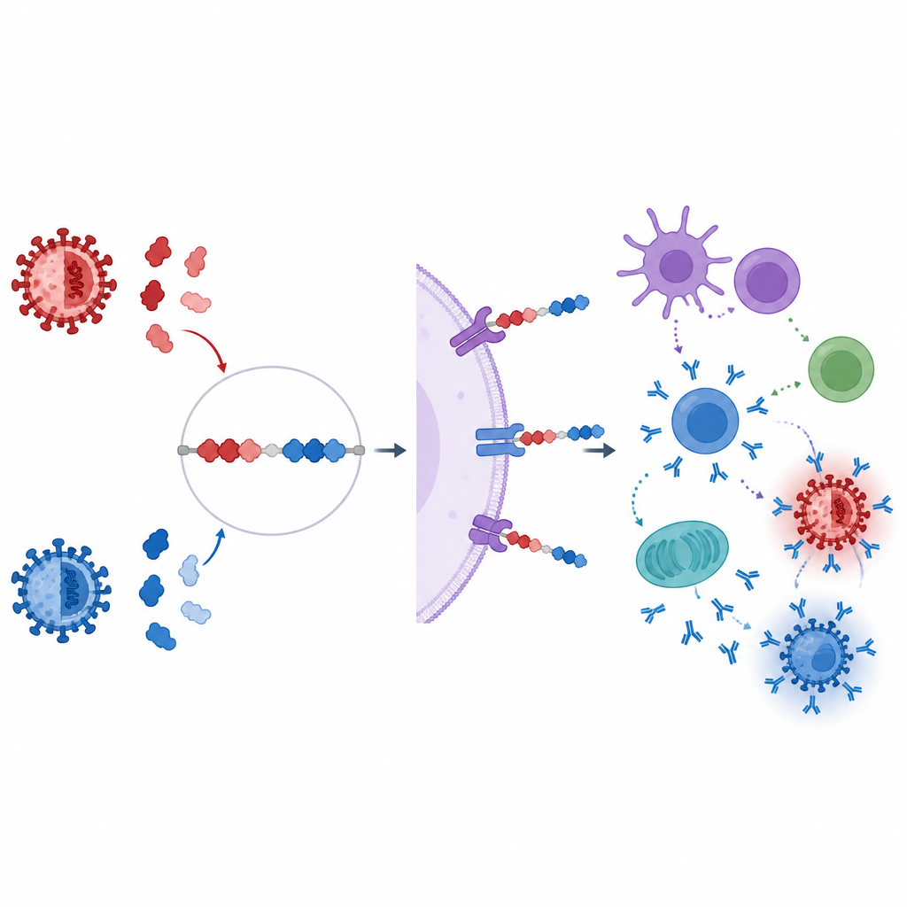 Figure 2. Come un vaccino costituito da frammenti proteici su misura istruisce le cellule immunitarie a mirare sia ai virus della dengue sia a quelli dello Zika.