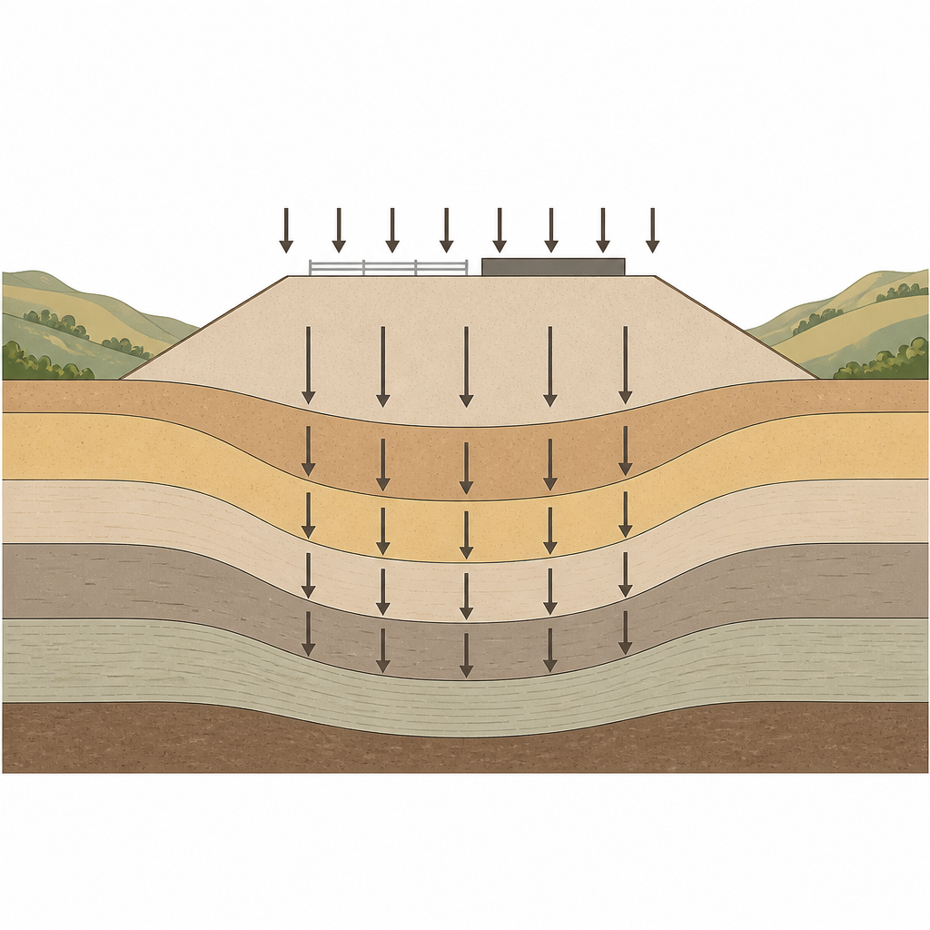 Figure 1. Come i riempimenti stratificati di loess in valli collinari si comprimono e si assestano sotto il peso del terreno e delle opere sovrastanti.