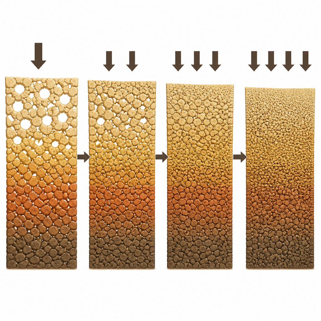 Figure 2. Come i pori nel loess compattato si chiudono e lo scheletro granulo‑strutturale si riorganizza progressivamente con l’aumento della pressione.
