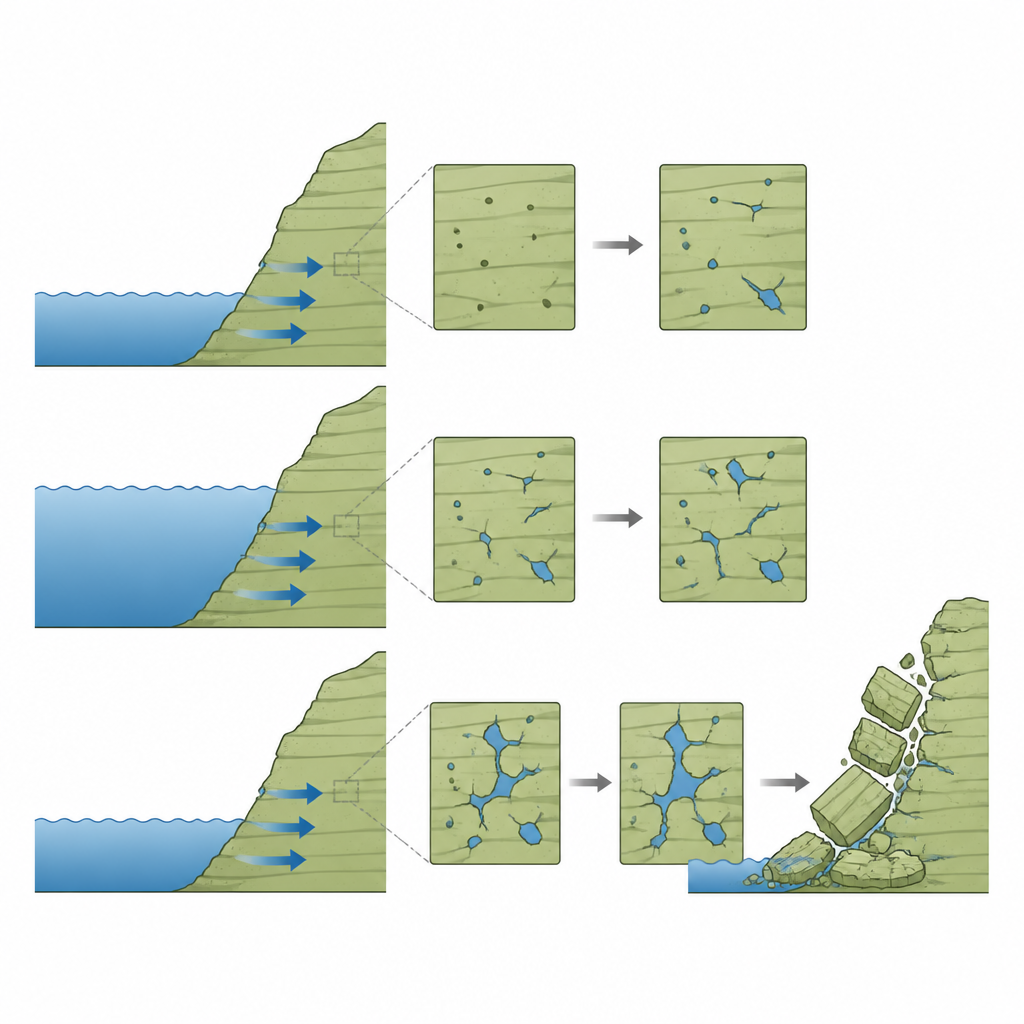 Figure 1. Como a subida e a descida do nível de água transformam lentamente encostas sólidas de arenito em terreno rachado e instável.
