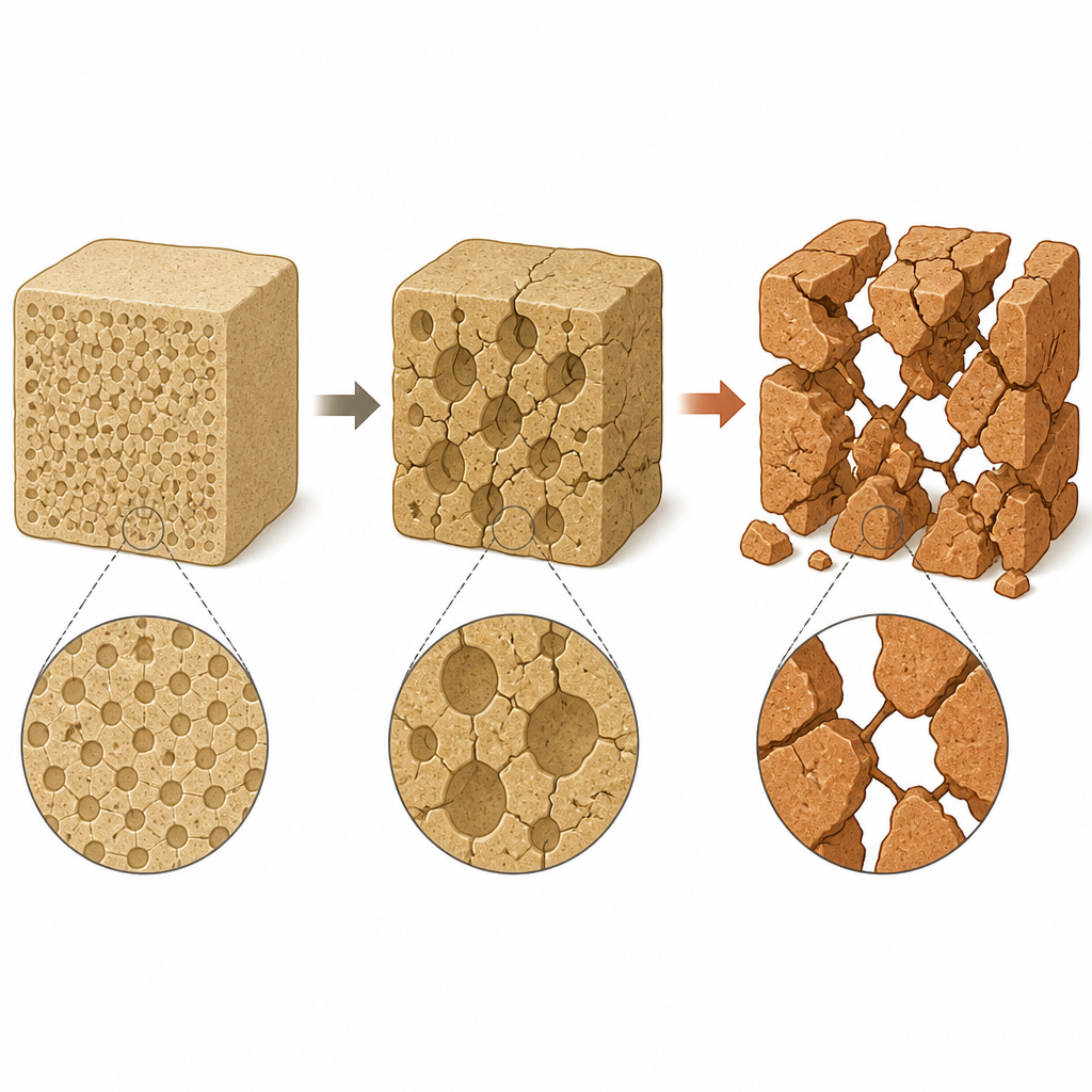 Figure 2. Como poros minúsculos cheios de água crescem e se conectam formando grandes fraturas no arenito durante ciclos repetidos de molhamento e secagem.