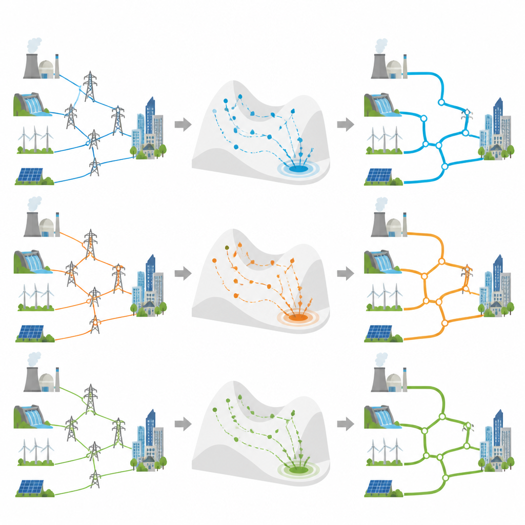 Figure 1. Come sciami intelligenti possono regolare una rete elettrica per costi più bassi, energia più pulita e funzionamento sicuro, tutto insieme.