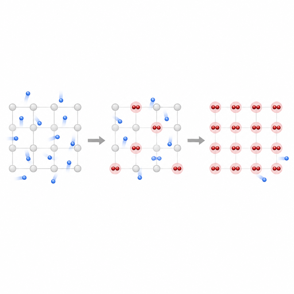 Figure 1. Elektrony w krysztale przechodzą od zwykłego metalu przez dziwny metal do izolatora w miarę wzrostu siły parowania.