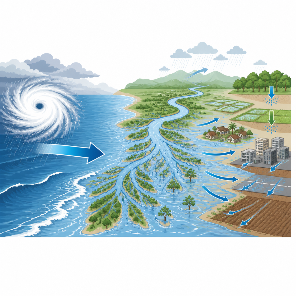 Figure 1. Comment les vents de cyclone, les cours d’eau et différentes surfaces terrestres se combinent pour créer des inondations côtières sévères dans l’est de l’Inde.