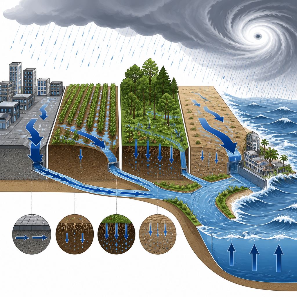 Figure 2. Comment la capacité d’absorption du sol et les surfaces dures modifient l’endroit où l’eau de pluie ruisselle ou s’infiltre, changeant la profondeur et l’étendue des inondations.