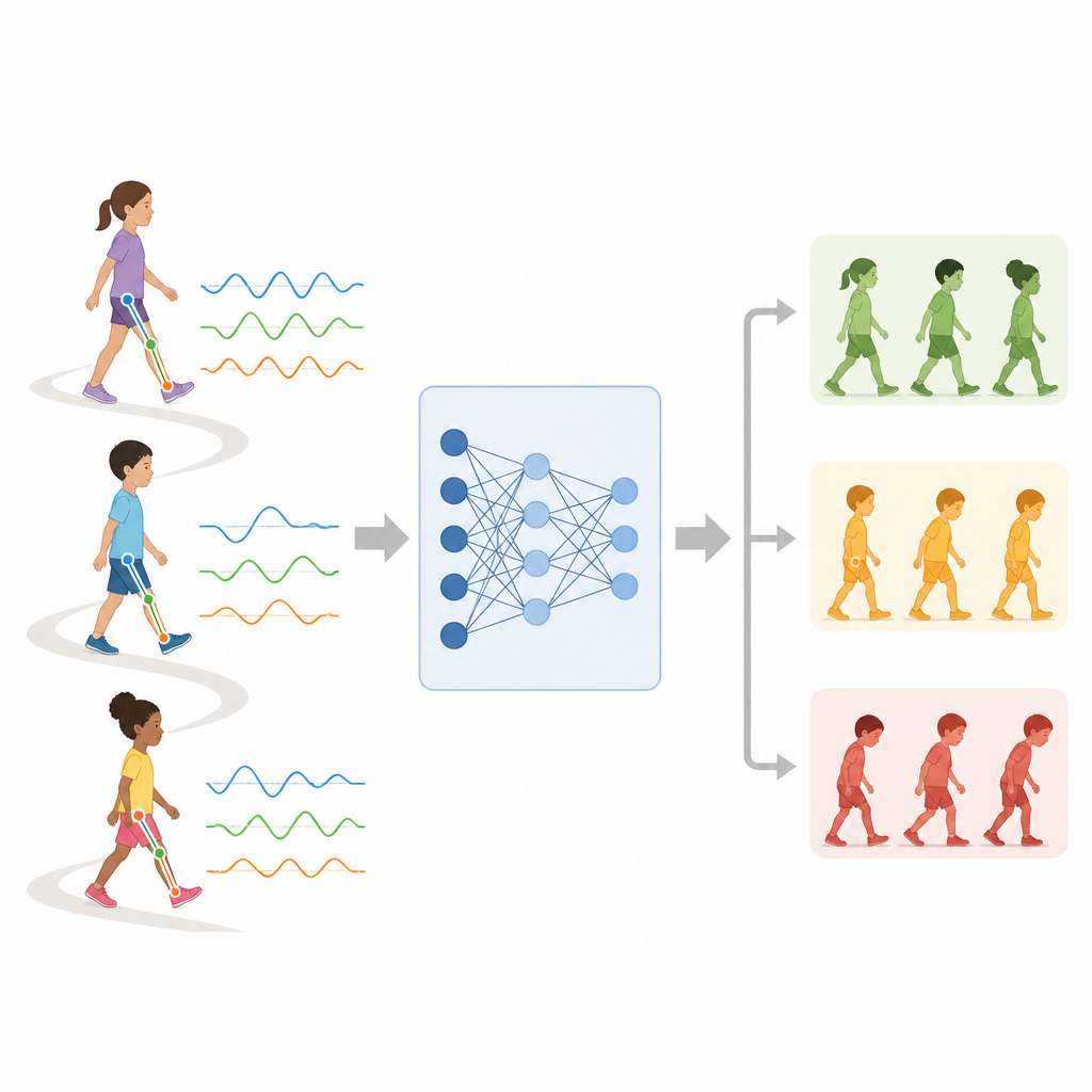 Figure 1. Un sistema di AI trasforma dati tridimensionali del movimento del cammino nei bambini in gruppi comprensibili di tipi di deambulazione e patologie.