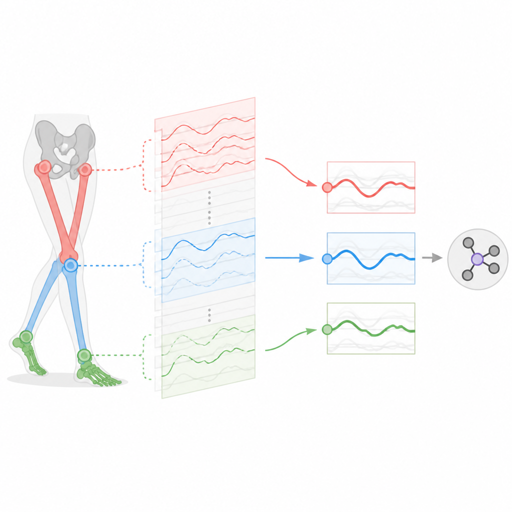 Figure 2. L’AI interpretabile si concentra sulle curve di movimento di anca, ginocchio e caviglia per selezionare i pochi schemi articolari che contano maggiormente per la diagnosi.