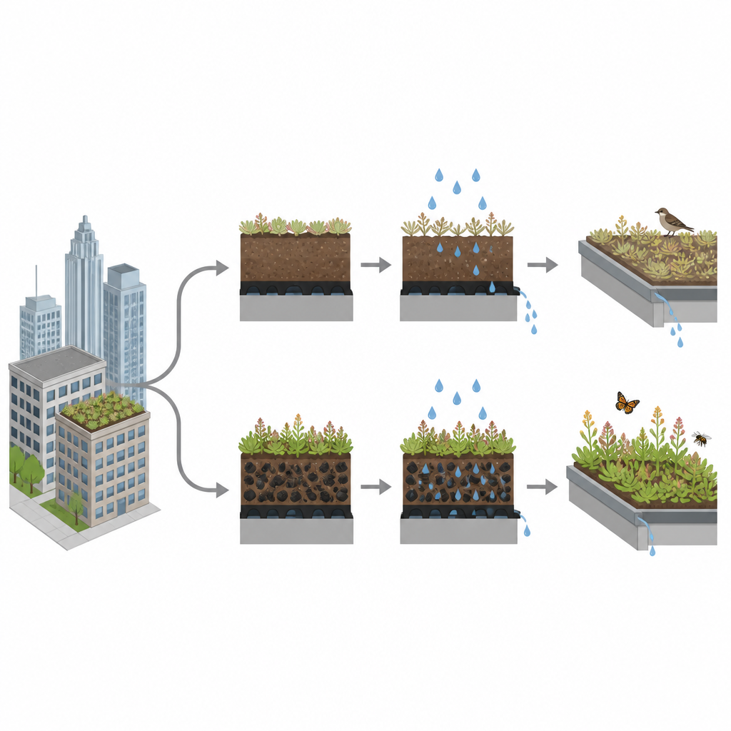 Figure 1. Wie das Einmischen von recyceltem Biochar in Dachgärten die Regenwasserversickerung und Pflanzenvitalität in Städten fördert.