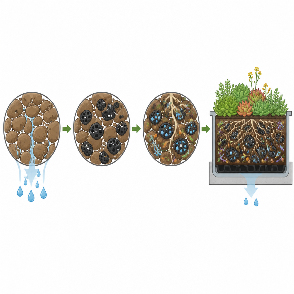 Figure 2. Wie poröse Biochar-Partikel im Dachsubstrat Wasser und Nährstoffe zurückhalten, Wurzeln und Mikroben versorgen und zugleich Abfluss verringern.