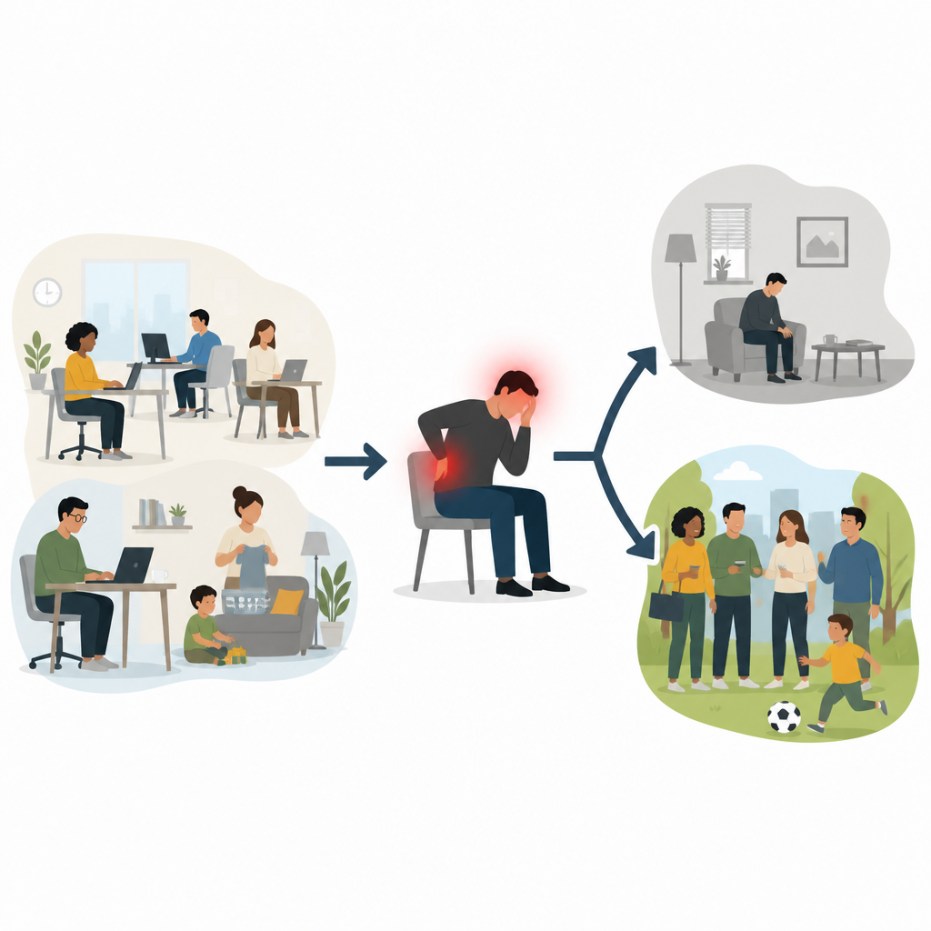 Figure 1. How long lasting pain, time off work and mood changes together shape people’s physical and mental well being.