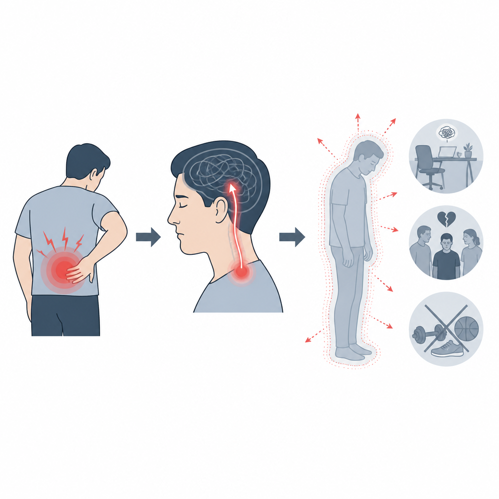 Figure 2. How stronger pain feeds into anxiety and low mood, which together relate to lower physical and mental quality of life.