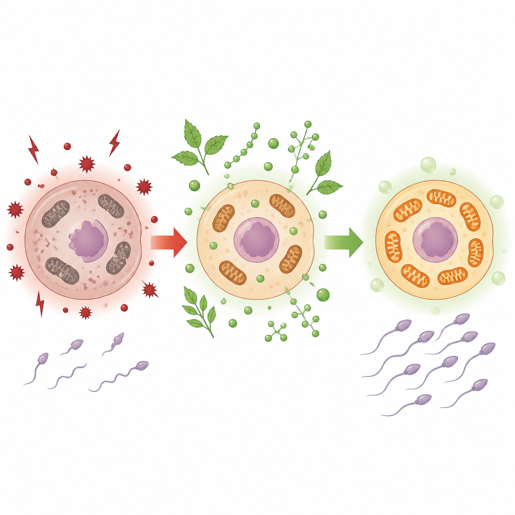 Figure 2. I polisaccaridi vegetali neutralizzano le molecole reattive nelle cellule di Leydig, ripristinando i mitocondri e aumentando l’energia per il supporto degli spermatozoi.