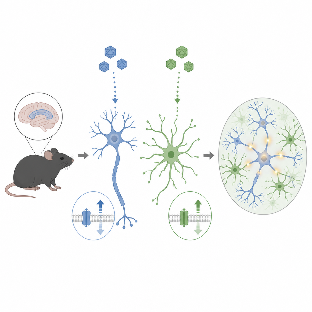 Figure 1. Vírus usados como ferramentas para ajustar finamente um receptor cerebral chave para cima ou para baixo em células selecionadas do cérebro de camundongos adultos.