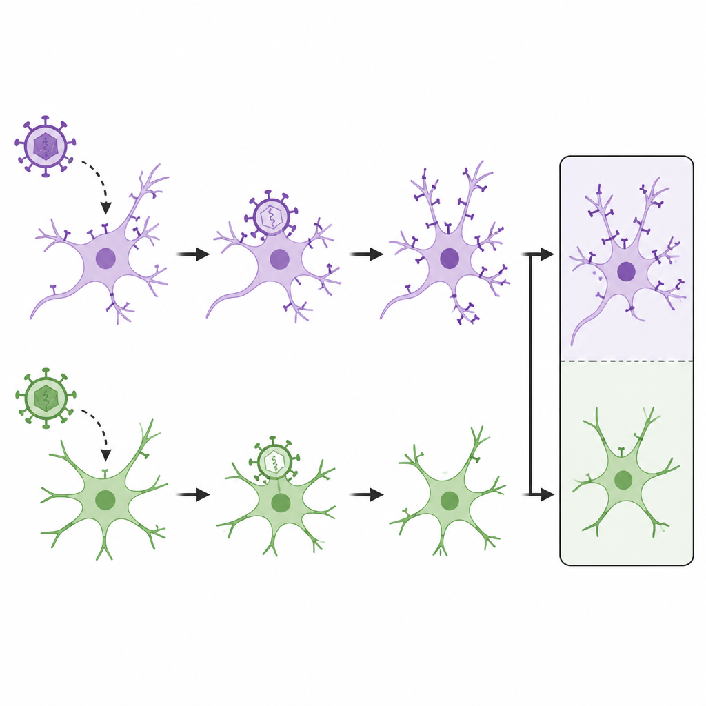 Figure 2. Visão passo a passo de partículas virais alterando os níveis do receptor em neurônios versus astrócitos para afinar a sinalização cerebral.