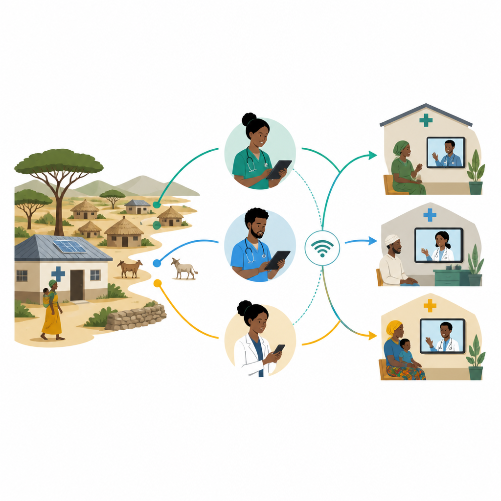 Figure 1. How telemedicine links rural Ethiopian clinics to better care using phones, computers and remote connections.