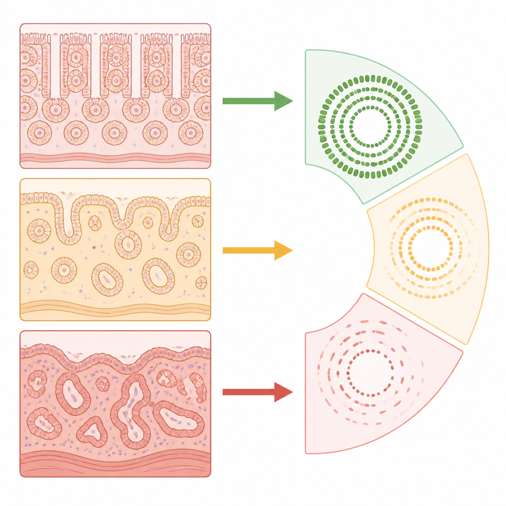 Figure 2. Close up view links orderly and distorted gut structures to changing ring like patterns that signal inflammation.