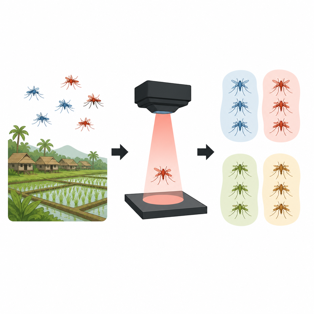 Figure 1. Come la scansione basata sulla luce e l’intelligenza artificiale separano le zanzare maschio portatrici di malaria per età e specie per un migliore controllo della malattia.