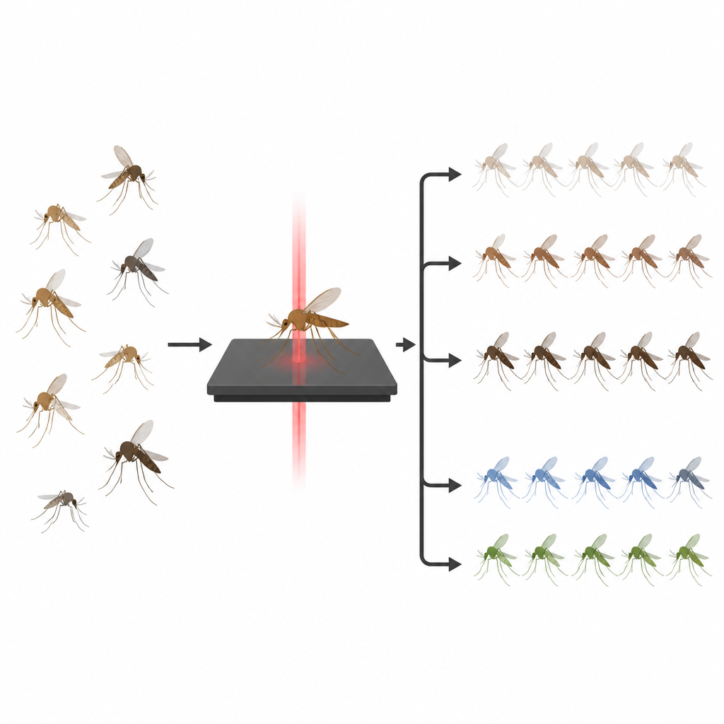 Figure 2. Passo dopo passo: la scansione nell’infrarosso medio trasforma singole zanzare maschio in categorie raggruppate per età e specie.