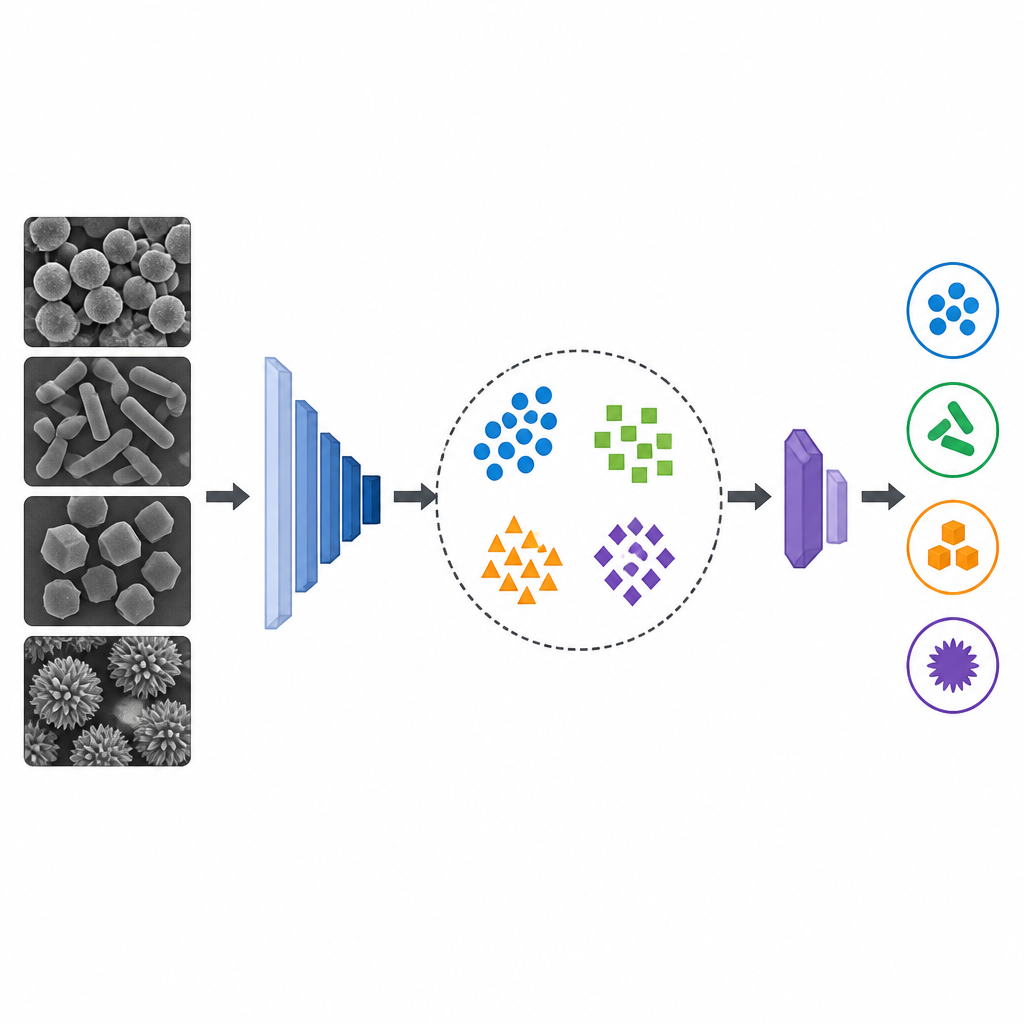 Figure 2. Visione passaggio per passaggio delle immagini SEM che fluiscono attraverso un modello compatto in quattro gruppi di nanoparticelle chiaramente separati.